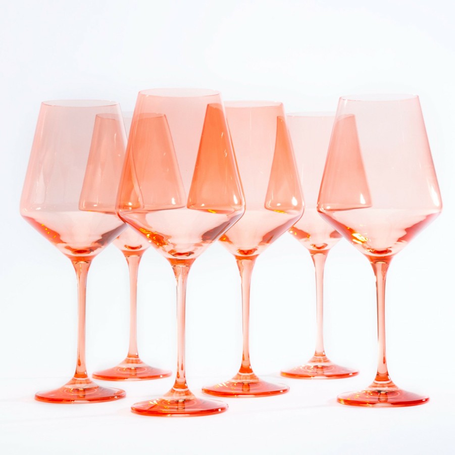 * Bar | Stemmed Wine Glasses In Coral Peach Pink (Set Of 6) By Estelle Colored Glass