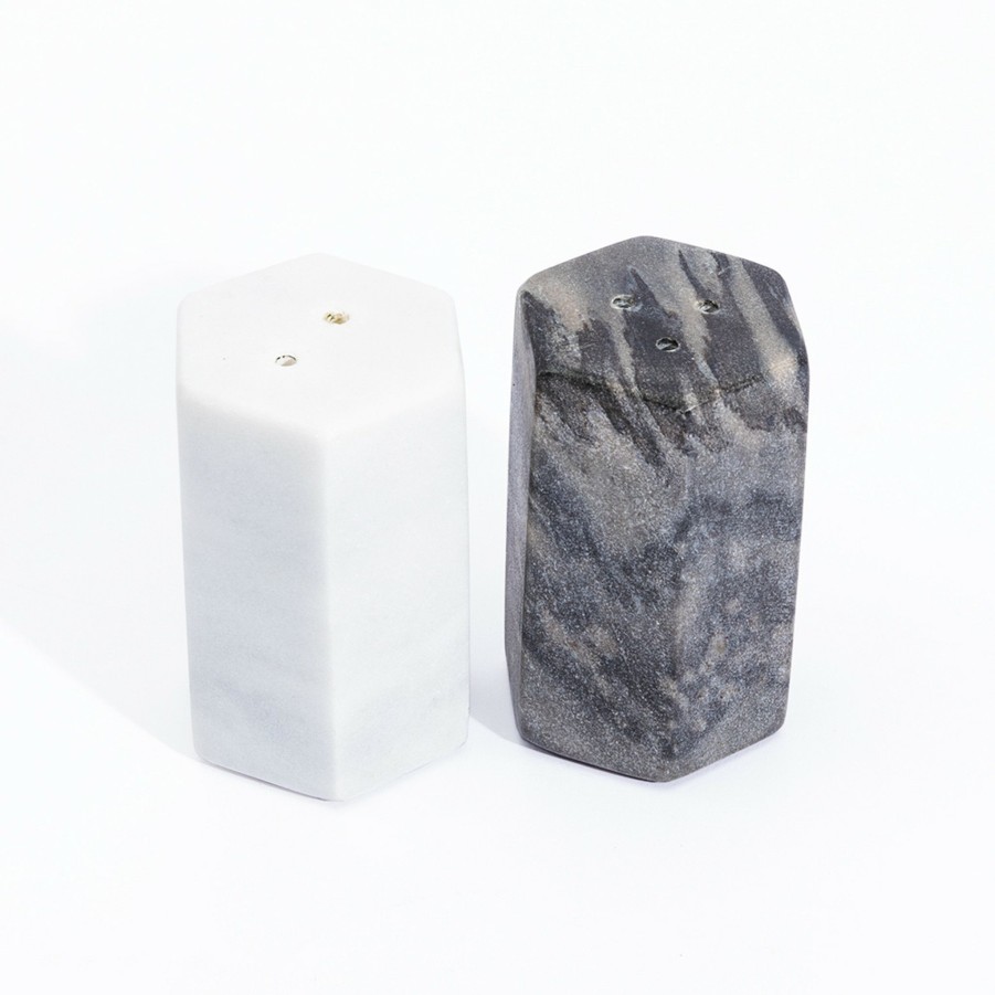 * Tabletop | Anzio White & Gray Marble Salt & Pepper Set By Be Home